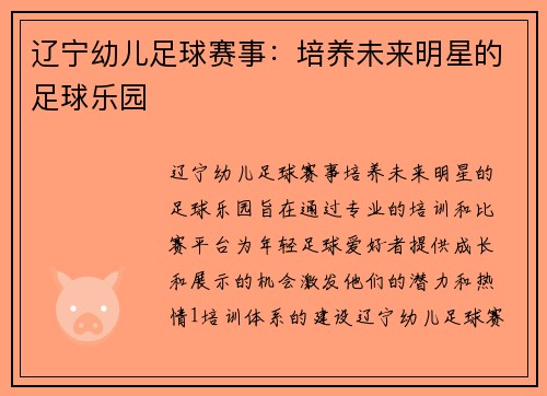 辽宁幼儿足球赛事：培养未来明星的足球乐园