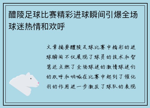 醴陵足球比赛精彩进球瞬间引爆全场球迷热情和欢呼
