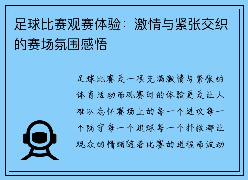足球比赛观赛体验：激情与紧张交织的赛场氛围感悟