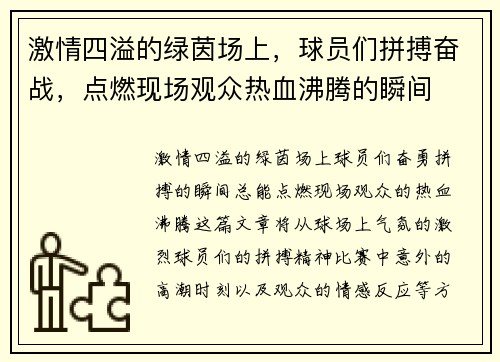 激情四溢的绿茵场上，球员们拼搏奋战，点燃现场观众热血沸腾的瞬间