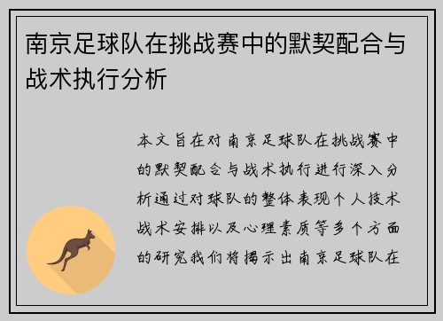 南京足球队在挑战赛中的默契配合与战术执行分析